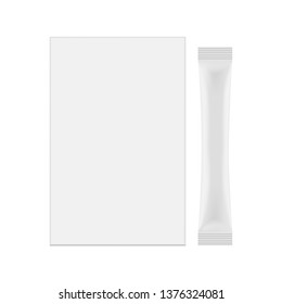 Stick sachet and packaging box mockup isolated on white background - front view. Vector illustration