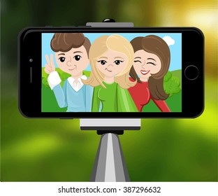 stick for selfie. Monopod Selfie shots cartoon vector illustration.Young couple making self portrait. Selfie stick concept vector illustration