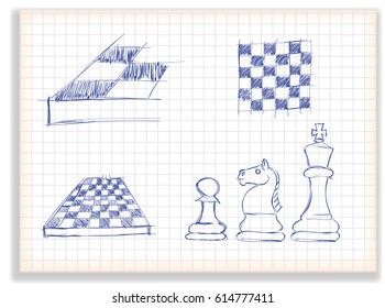 stick set of chess elements for design, on a checkered background