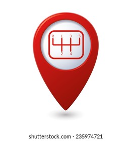 Stick shift icon on red map pointer.