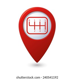 Stick shift icon on red map pointer.