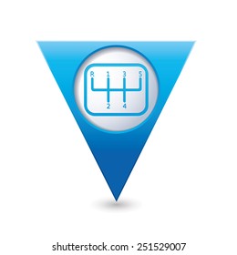 Stick shift on blue triangular map pointer.