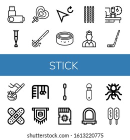 stick simple icons set. Contains such icons as Usb flash drive, Crutch, Lollipop, Magic wand, Cursor, Puck, Sticks, Dancer, Shift, Hockey stick, can be used for web, mobile and logo