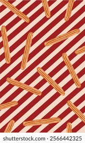 Stick Spanish churro. Latin American traditional pastries. repeating churros.red diagonal line wallpaper background