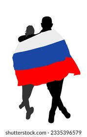 Stick together hugged woman and man covered with national flag of Russia vector silhouette isolated. Boy hugging girl. Couple in love. Happy lovers boyfriend girlfriend Russian patriot people symbol