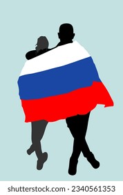 Stick together hugged woman and man covered with national flag of Russia vector silhouette isolated. Boy hugging girl. Couple in love. Happy lovers boyfriend girlfriend Russian patriot people symbol