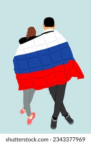 Stick together hugged woman and man covered with national flag of Russia vector illustration isolated. Boy hugging girl. Couple in love. Happy lovers boyfriend girlfriend Russian patriot people symbol