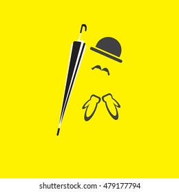 Stick Umbrella. Black hat and mustache. A set of gentleman. On a yellow background.