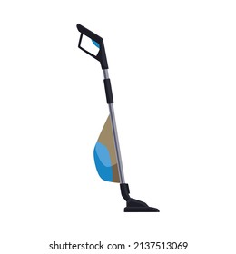 Stick upright vacuum cleaner device side view, flat cartoon vector illustration isolated on white background. Vacuum cleaner with sack for dust and handle.