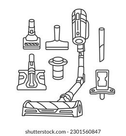 Ilustración vectorial de la línea de la aspiradora de palo. Conjunto de boquillas con pinceles de succión