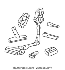 Stick vacuum cleaner line icon vector illustration. Nozzle Set with Suction Brushes