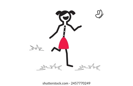 stick woman chasing butterfly on the grass. character cartoon design