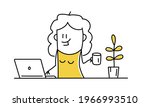 Stick woman sitting at a desk working online on a laptop at home and drinking cup of coffee. Freelance worker. Vector illustration.