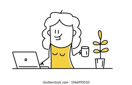 Stick woman sitting at a desk working online on a laptop at home and drinking cup of coffee. Freelance worker. Vector illustration.