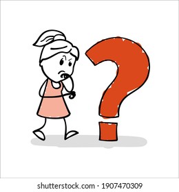 Stick woman stand in thinking pose front question mark. Cartoon stick figure drawing conceptual illustration of business woman thinking about problem and solution to task. Concept for business ideas.