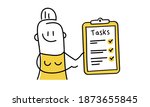 Stick woman stands with a to-do list. The plan is completed, the task is completed. Vector illustration.
