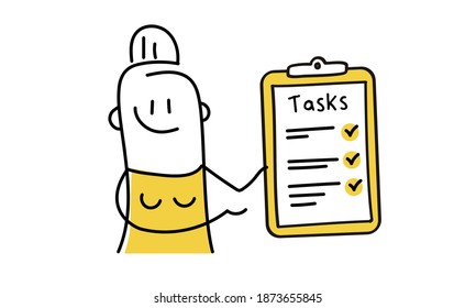 Stick woman stands with a to-do list. The plan is completed, the task is completed. Vector illustration.