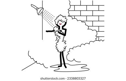 stick woman taking a shower under flowing water cartoon design, as vector, in the bathroom