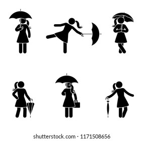 Stick woman with umbrella icon set. Black silhouette of female with rain resistant accessory on white