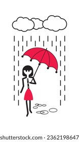 stick woman walking under rain and umbrella  vector