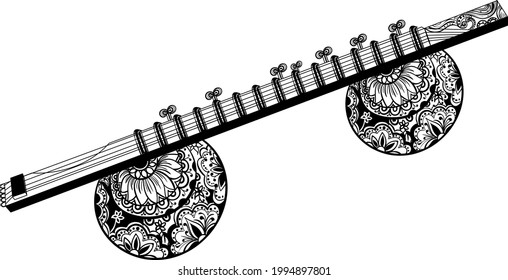 stick zither with gourd resonators (Rudra vina or Bin) Northern India traditional music instrument black and white clip art. Indian music instrument stick zither black and white artistic drawing.
