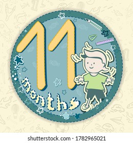 Sticker. 11 month. Cartoon boy.  Vector illustration of a round icon on a blue background. Drawn by hand. Doodle style element for scrapbooking, banners, postcards, etc.