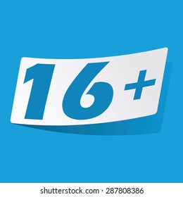 Sticker with 16 plus icon, isolated on blue