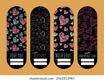 Sticker with address of gratitude and declaration of love. For gift box, doodle hearts, cute vector, gentle colors
white and blue colors, black background