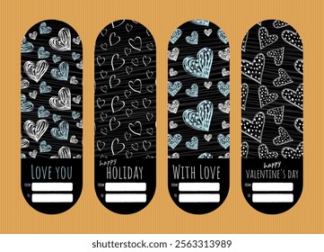 Sticker with address of gratitude and declaration of love. For gift box, doodle hearts, cute vector, gentle colors
white and blue colors, black background