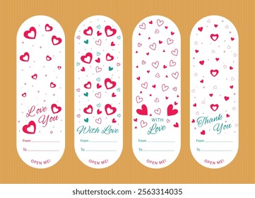 Sticker with address of gratitude and declaration of love. For gift box, vector hearts, flat design, 
pink and turquoise color white background