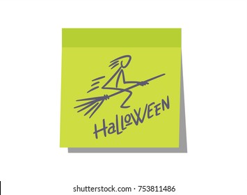 Sticker adhesive green on white background, reminder, holiday, Halloween, witch flying on a broom, illustration, vector