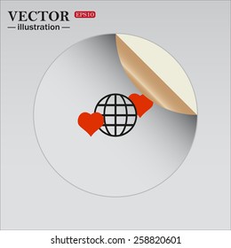 Sticker, adhesive paper. Circle.  Icon planet and two red hearts. Symbol of love between the nation. Globe.  vector illustration, EPS 10 