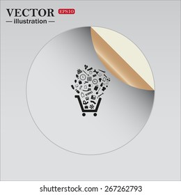 Sticker, adhesive paper. Circle.  Set of icons. Put into shopping cart. Great buy. Cart of goods. Supermarket, web icon. vector design
