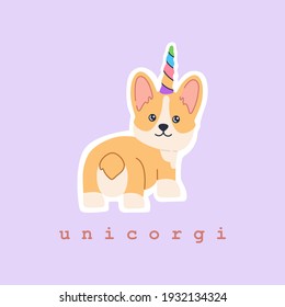 Sticker of adorable kawaii corgi unicorn with colourful rainbow horn, little magic pet dog with cute smiling face. Friendly standing puppy. Hand drawn trendy modern illustration in flat cartoon style