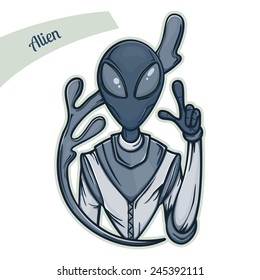 Sticker alien in dark colors with light stroke on a white background