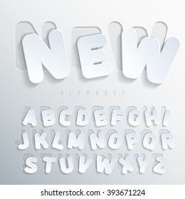 Sticker alphabet. Carved base of white cardboard letters, placed on the right side of this base with varying degrees of bias. Volumetric letters with thin round-up angles. Vector illustration