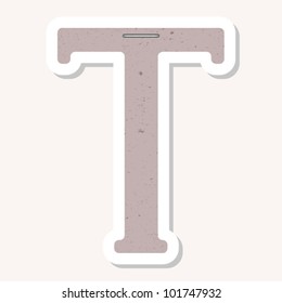 Sticker alphabet with numbers and marks based on author's original hand drawn font. Looks like made of recycled paper, ecology concept. ??T