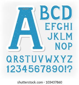 Sticker alphabet with numbers and marks based on author's original hand drawn font. Looks like made of recycled paper, ecology concept. Blue version.