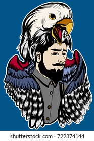 Sticker American man with eagle head tattoo design.hipster man with eagle roaring vector.sticker man and head of bird.