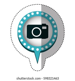 sticker of analog camera in circular speech with blue contour with dotted and tail vector illustration