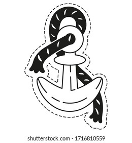 Sticker anchor with a rope for a beach summer theme. Black-and-white stylized image isolated on a white background.For use as a design element for children's products, as a sticker, as a print.