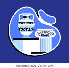 Sticker with ancient vases at museum. Relics and fossils. Culture and traditions of ancient Greece. Exhibition at museum and gallery. Archeology and paleontology. Cartoon flat vector illustration