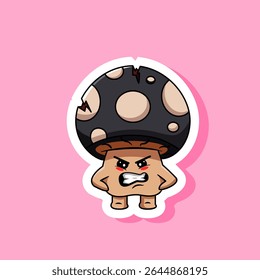Sticker of Angry Cartoon Mushroom with Fumes Vector Illustration Cartoon Design