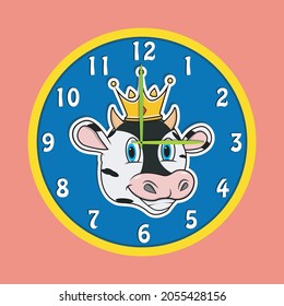 Sticker Animal Head With Crown On Clock. Cow Head. Perfect For Character Design Kid Clock. Vector And Illustration.