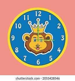 Sticker Animal Head With Crown On Clock  Lion Head  Perfect For Character Design Kid Clock  Vector And Illustration 