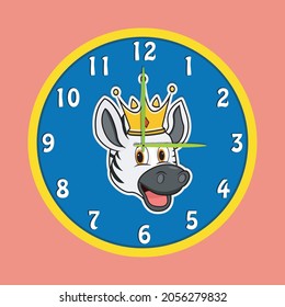 Sticker Animal Head With Crown On Clock. Zebra Head. Perfect For Character Design Kid Clock. Vector And Illustration.
