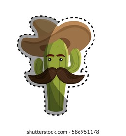 sticker animated sketch cactus with mexican hat and moustache