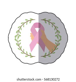 sticker arch of leaves with hand holding a ribbon pink symbol of breast cancer