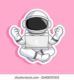 Sticker of Astronaut celebrating success while using a laptop in space vector illustration cartoon design	