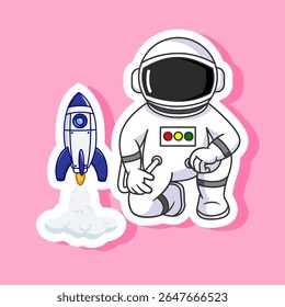 Sticker of Astronaut and Rocket Cartoon Vector 